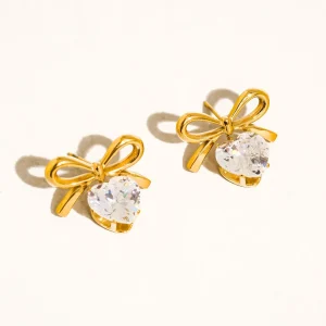 18k Gold Non-tarnish Cz Heart & Bow Earring