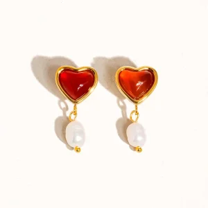 18k Gold Non-tarnish Heart And Pearl Earring Marlon-Red